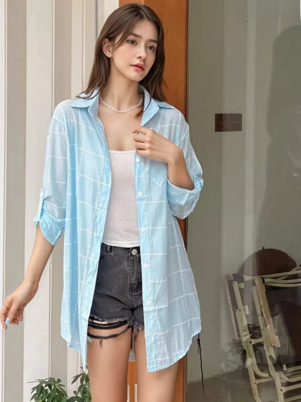 Femmes Plaid Long Sve irt vêtements d'extérieur ample imprimé mi-long Protection UV col Polyester printemps Faion dames