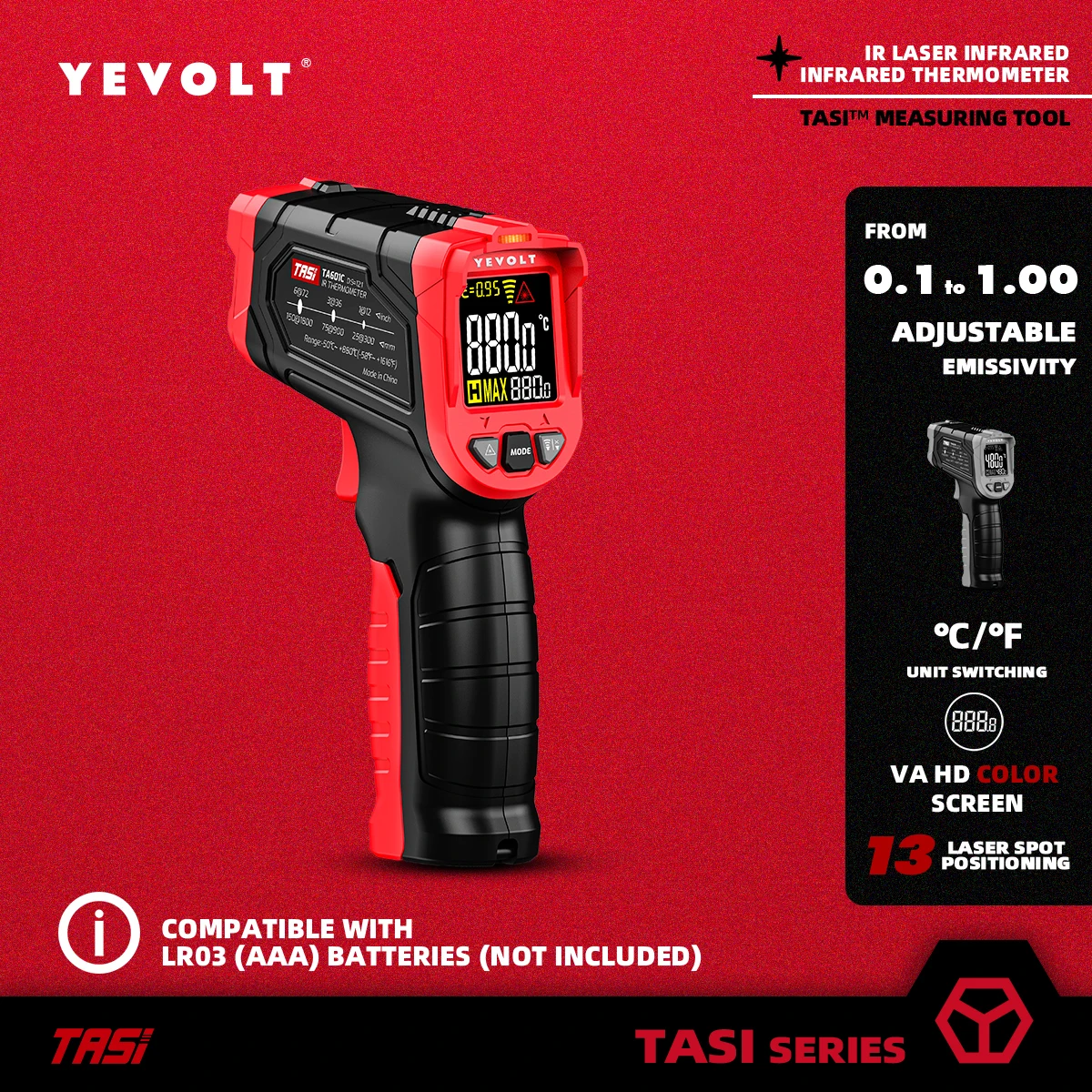 

YEVOLT TA601C Digital Infrared Thermometer Handheld Non Contact IR Laser Heat Temperature Gun Point VA HD Color Screen