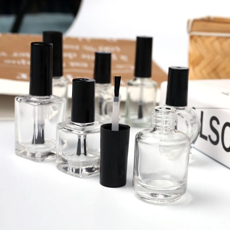 20Pcs 5ml/10ml/15ml Empty Square/Round Clear Vials Refillable Glass Nail Polish Bottles With Brush Cap For Nail Art Samples Show