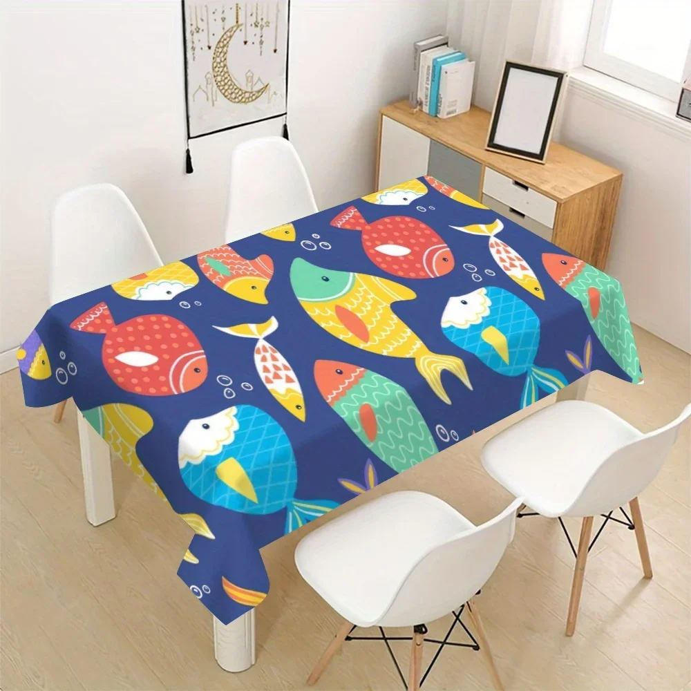 A vivid underwater world tablecloth - rectangular, featuring colorful fish and coral designsxzj
