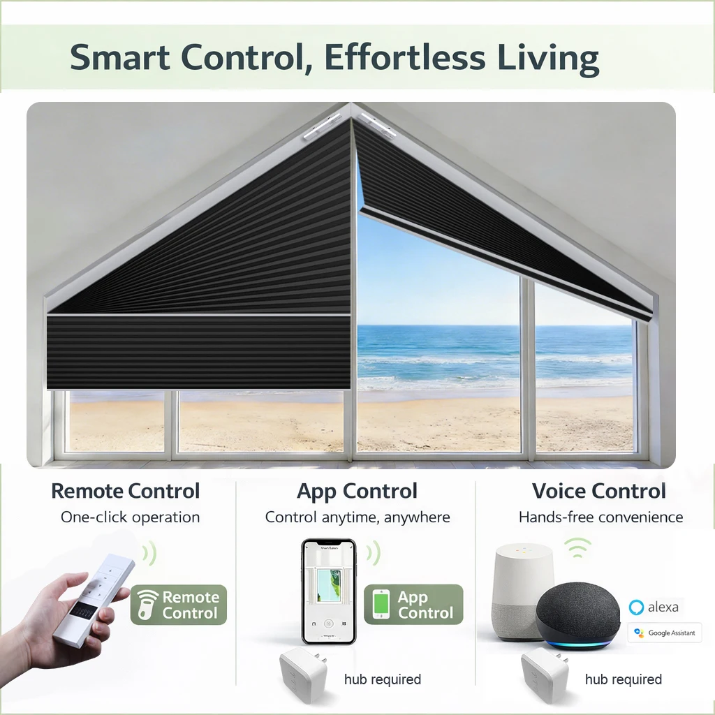 Motorized Angled Cellular Shades  with Rechargeable Motor  for Trapezoidal Triangular Polygonal Windows