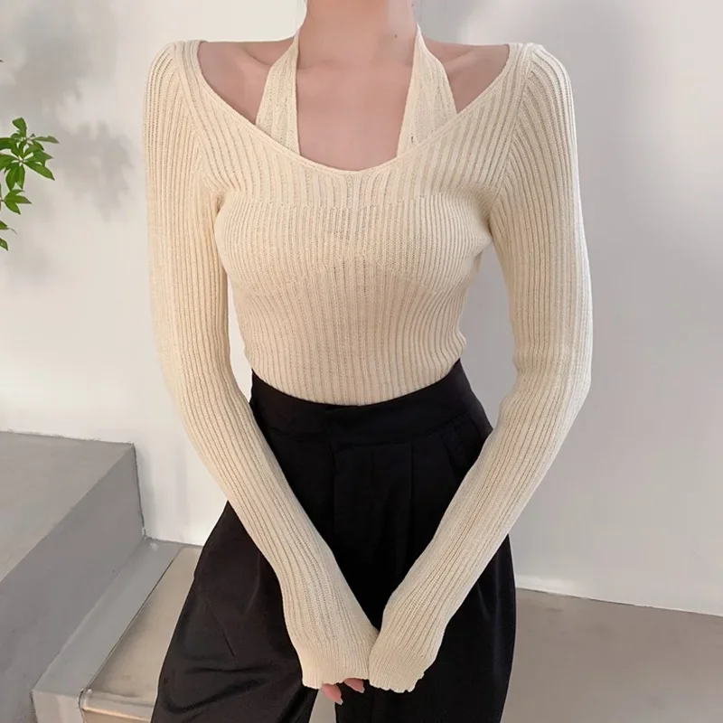 Spring And Autumn Long Sleeved Solid Color Slimming V-neck Hanging Neck Tops Women's Off Shoulder Knitted Sweaters