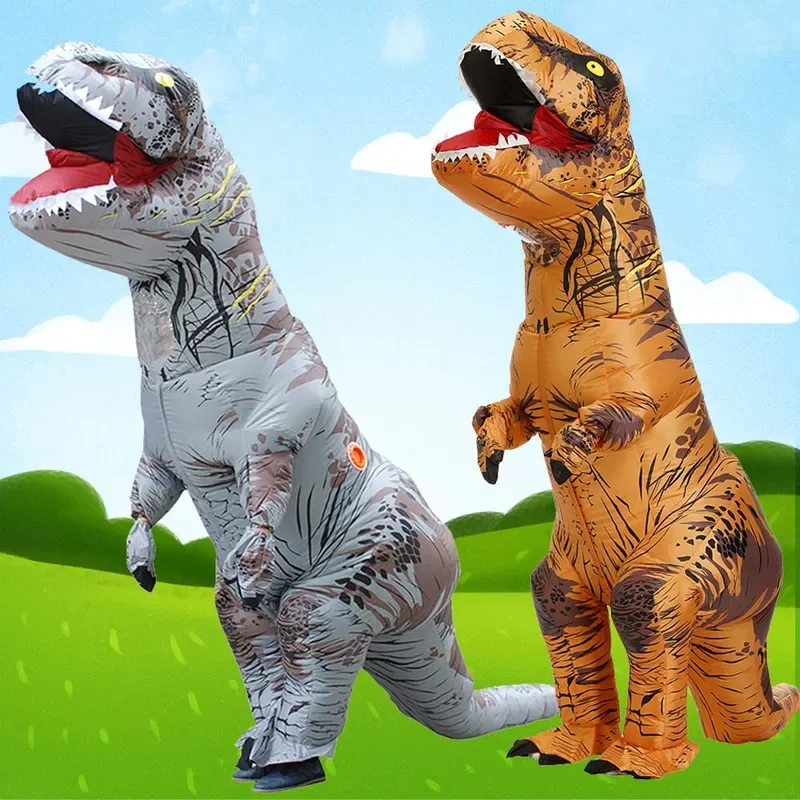 Disfraz inflable de dinosaurio marrón para adultos y niños, traje de fiesta de Cosplay, mascota de fantasía, trajes de Anime para Halloween, dibujos animados, gran oferta, T-REX