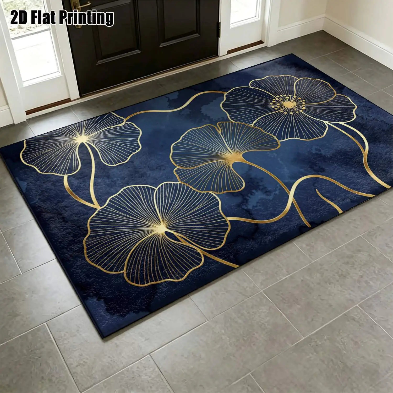 1Pc 2D Printed Navy Blue Base Gold-Edged Floral Carpet, Modern Simple Home Decor Rug, Multi-Size Machine Washable, for Entryway, Dining Room, Foyer, Study, Living Room, Bedroom