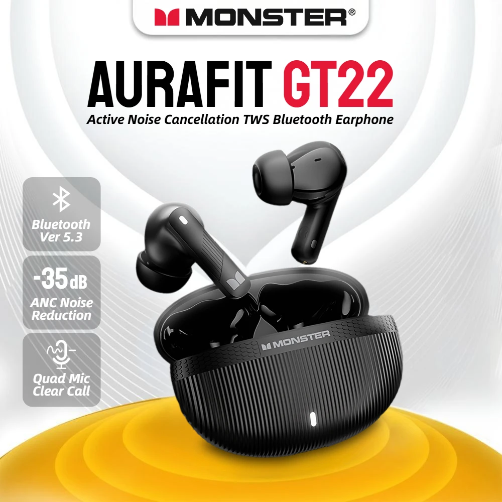 سماعات أذن Monster GT22 ANC Ture اللاسلكية - سماعة رأس بخاصية إلغاء الضوضاء النشطة بقدرة 35 ديسيبل، 4 ميكروفونات، سماعات بلوتوث رياضية واضحة للمكالمات