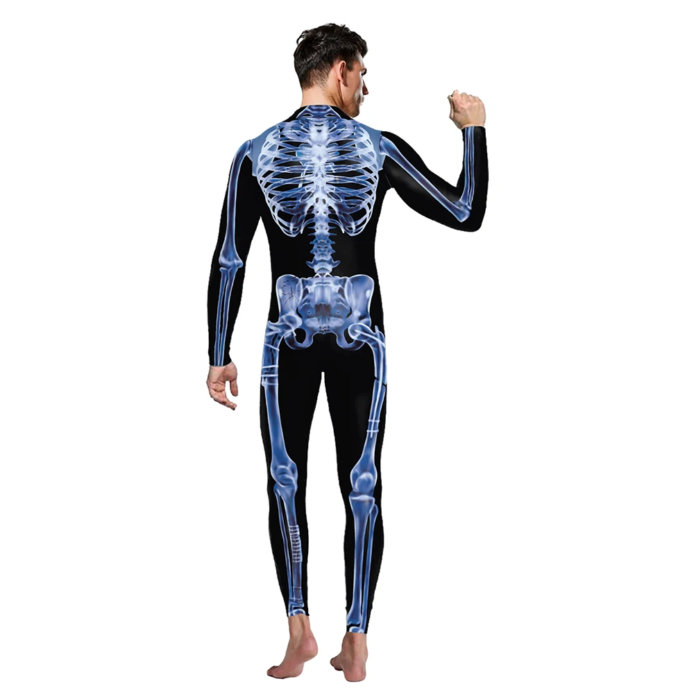 Zawaland Halloween Cosplay Costume Men Bodysuit Women Blue Skull Print Holiday Party Onesie Set Female Fashion Funny Jumpsuit