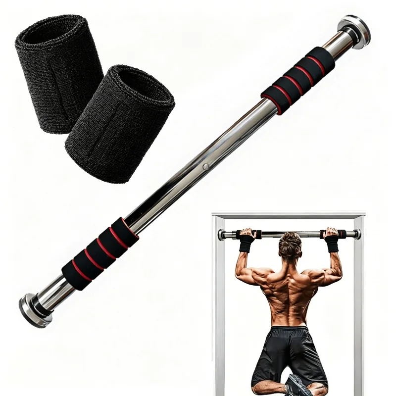 Barre de serrage pour cadres de porte, sans vis, dotée d’un système de verrouillage innovant à vis pour une fixation sûre – barre de traction avec une capacité de charge allant jusqu’à 200 kg, idéale pour les exercices du haut du corps et l’entraînement à domicile, comprenant une paire de bandages de maintien pour les poignets.
