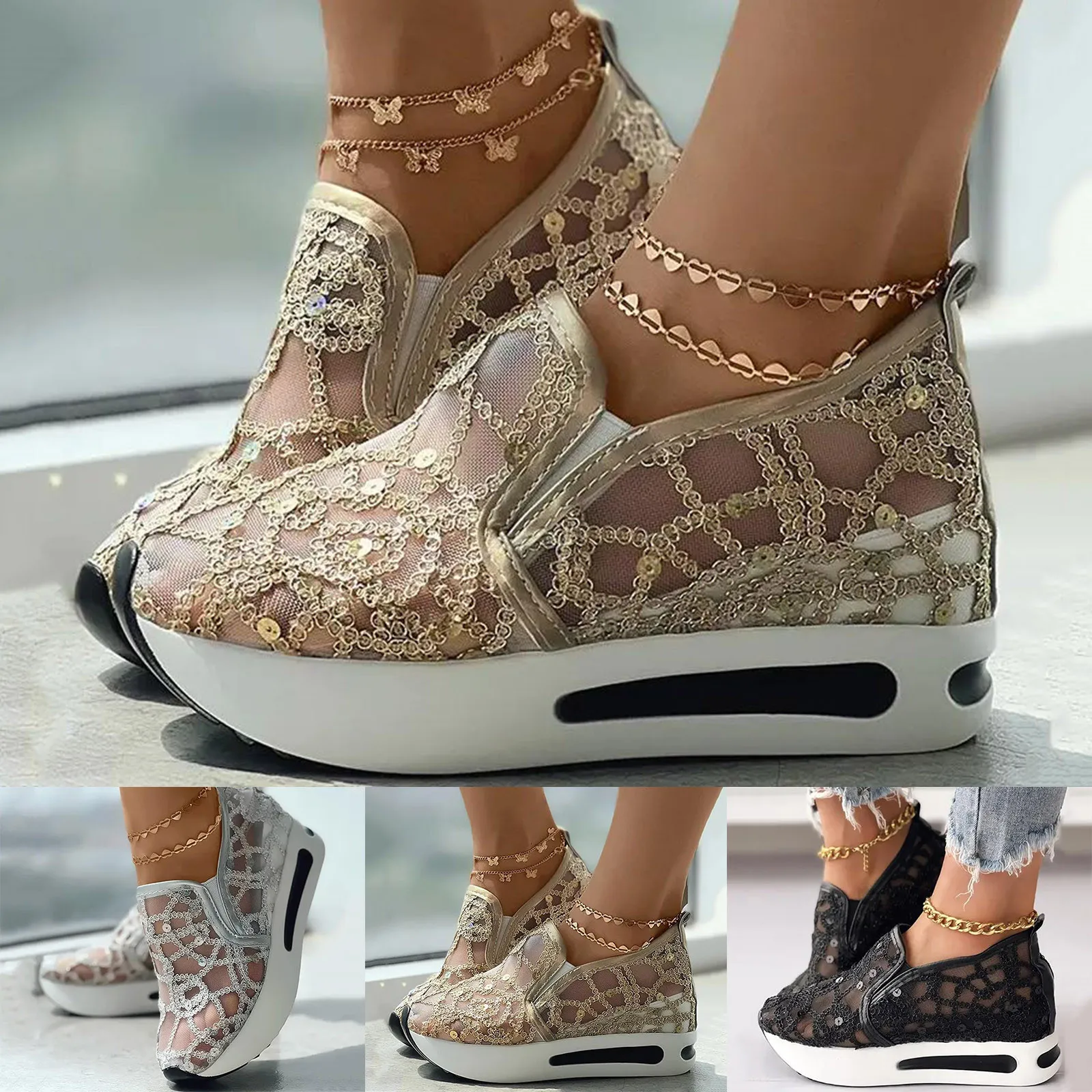 

Platform Wedges women's Sneakers Floral Embroidery Mesh Sneakers For Women Slip On Casual Comfy Heeled Shoes Woman