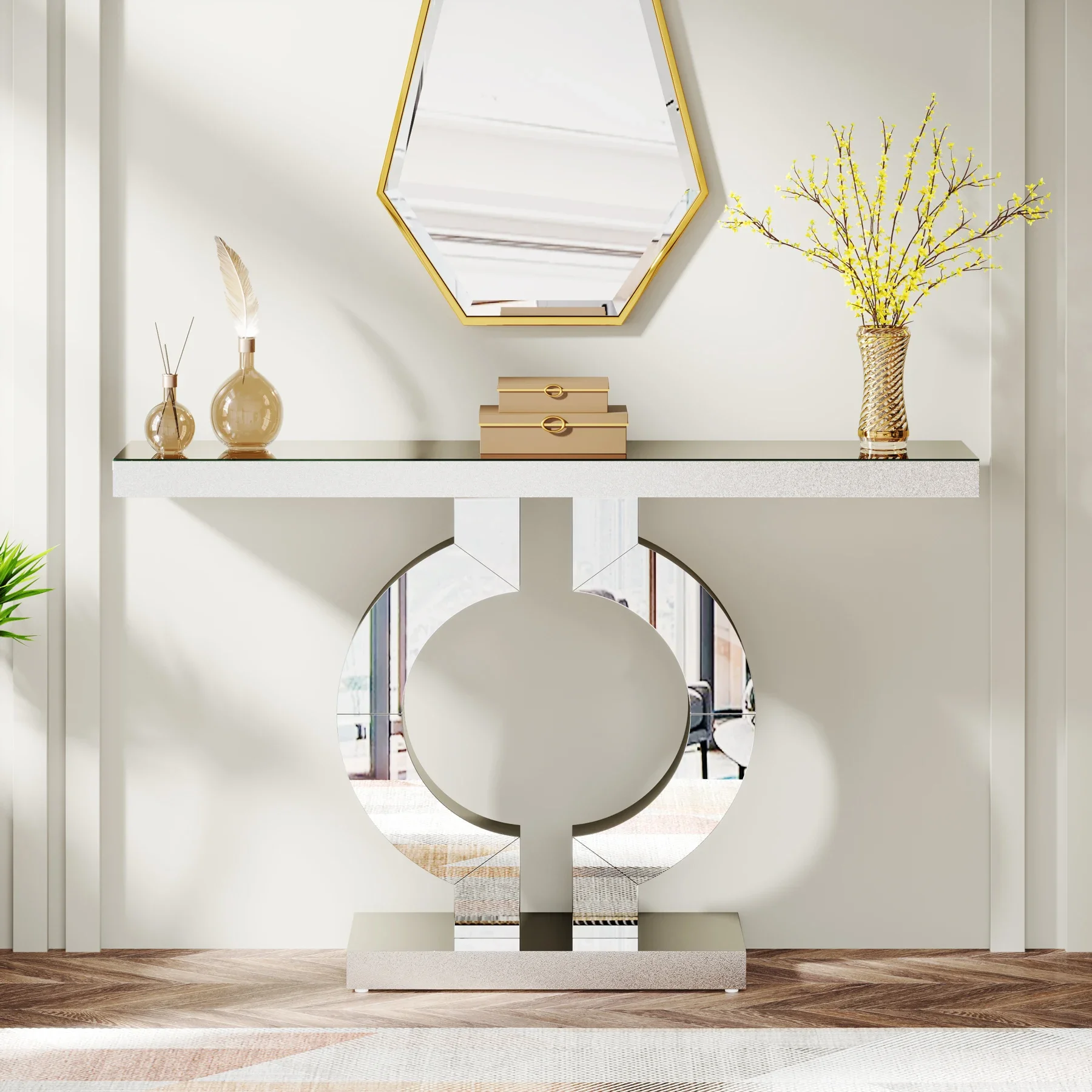 

Tribesigns 41 Inch Modern O-Shaped Base Contemporary Accent Table Silver Mirrored Sparkly Crushed Diamond Sofa Console Table