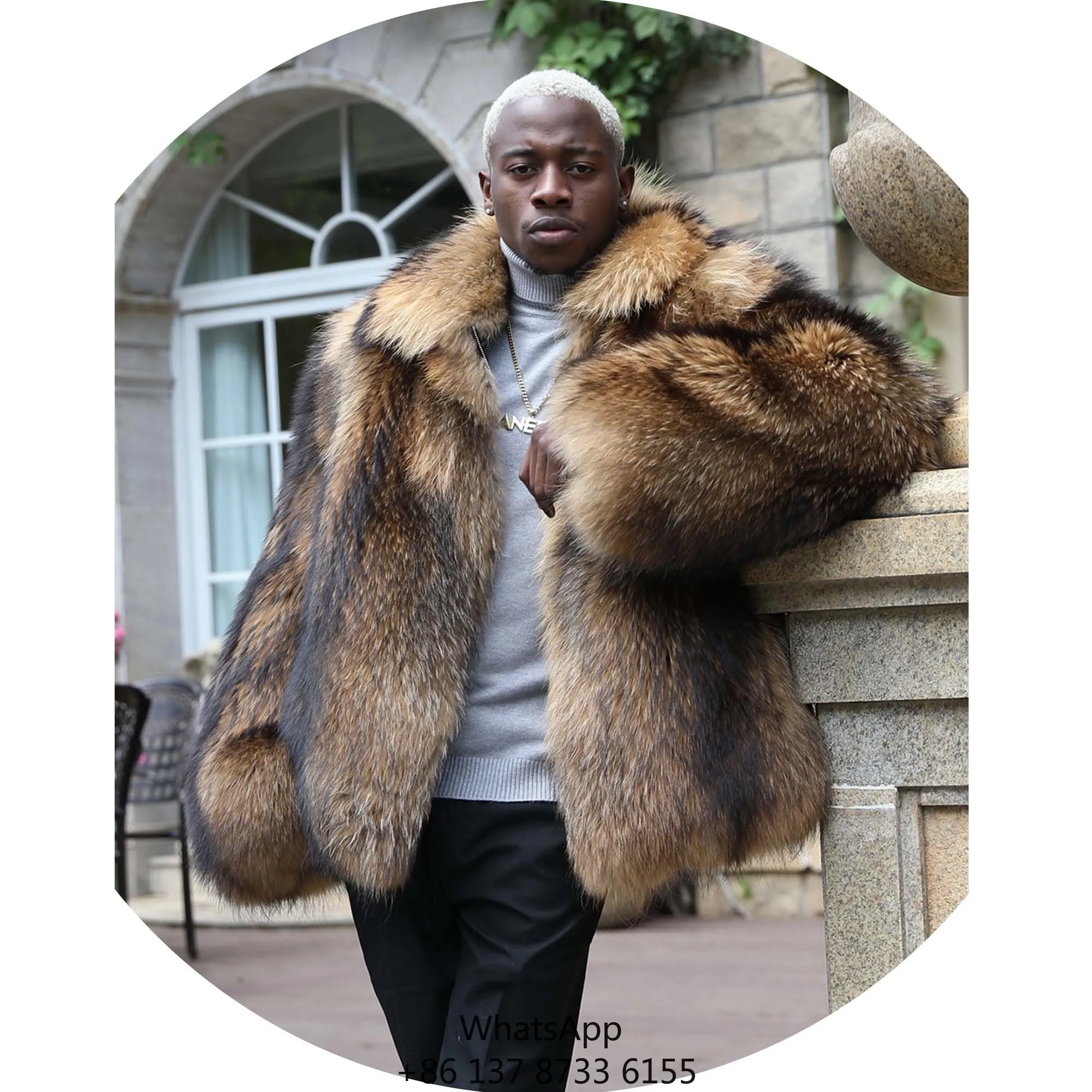 

Мужская зимняя теплая куртка большого размера из натурального меха енота с возможностью индивидуального пошива