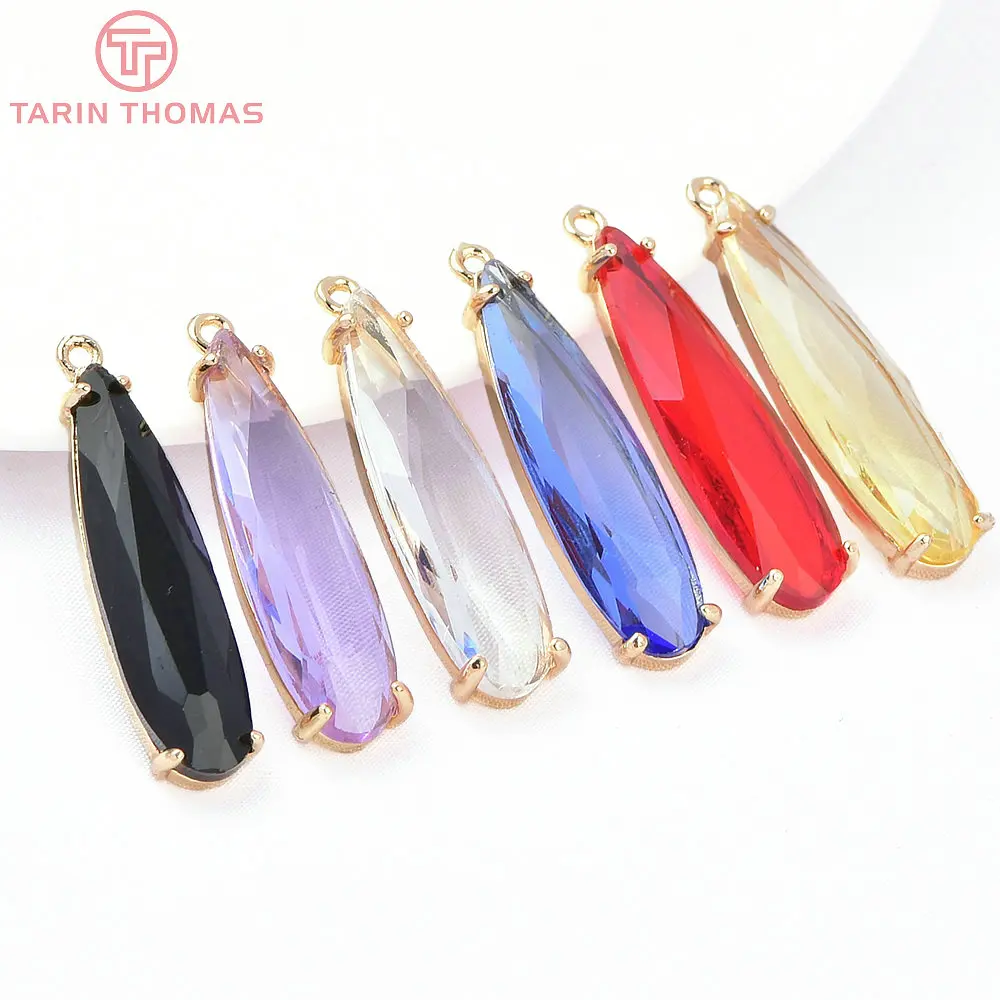 (8397) 6PCS 8x32.5MM 24K Gold Color Brass with Glass Long Water Droplet Shaped Pendants High Quality DIY Jewelry Making Findings