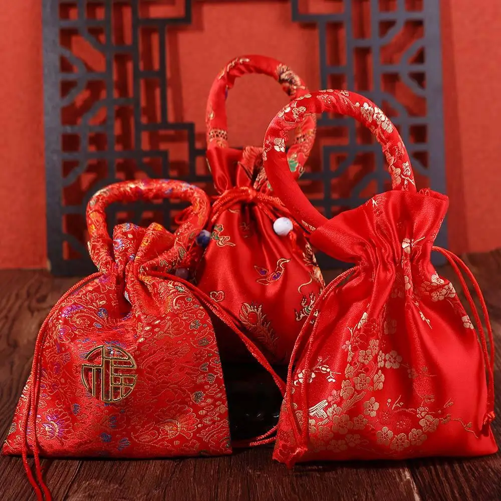 Red Chinese Style Brocade Chinese Knot With Tassels Bride and Groom Handle Bag Candy Bag Wedding-favor Gift Package Bag