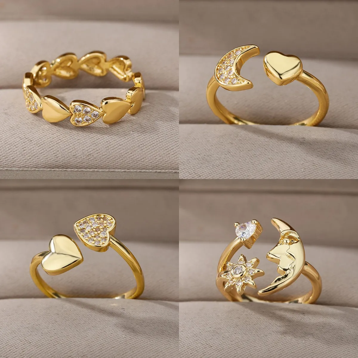 Vintage Cubic Zircon Moon Heart Open Rings For Women Gold Color Stainless Steel Ring Wedding Couple Boho Jewelry anillos mujer