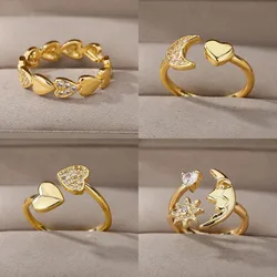 Vintage Cubic Zircon Moon Heart Open Rings For Women Gold Color Stainless Steel Ring Wedding Couple Boho Jewelry anillos mujer