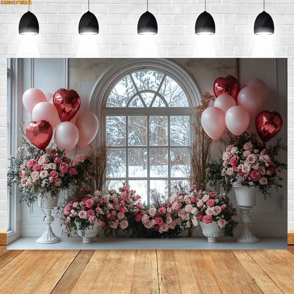 Valentinstag Zimmer Fenster Vorhang Hintergrund Blumen Liebe Herz Luftballons Paar Porträt Party Wand Dekor Fotografie Hintergrund