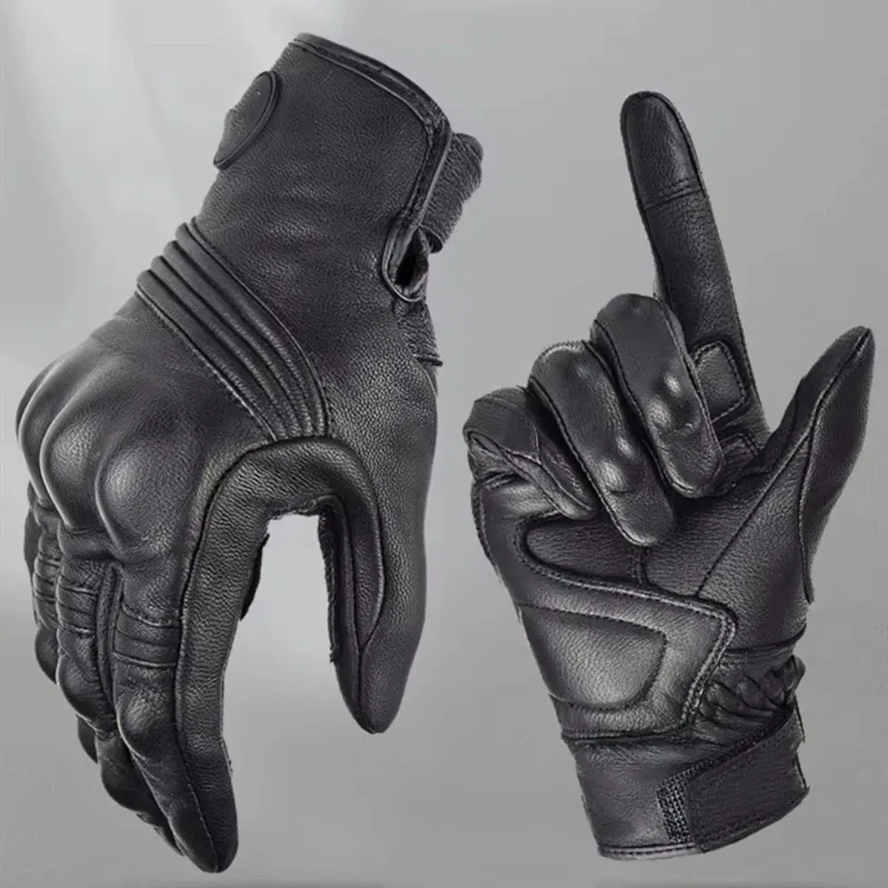 New Vintage Leather Gloves Wear-resistant Touch Screen Men Motorcycle Gloves Breathable Winter Warm Cycling Gloves Motobiker