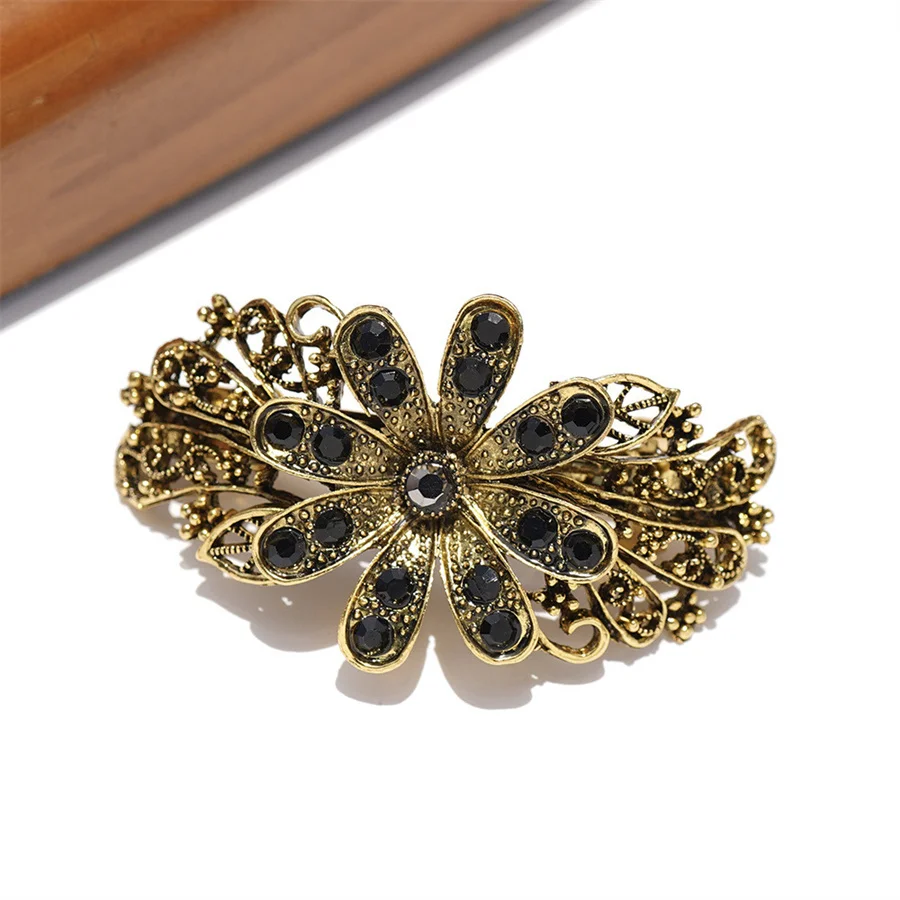 New Retro Elegant Gold Spring Clip Fashion Women\'s Flower Rhinestone Small Metal Alloy Hair Clip Hair Accessories Wholesale