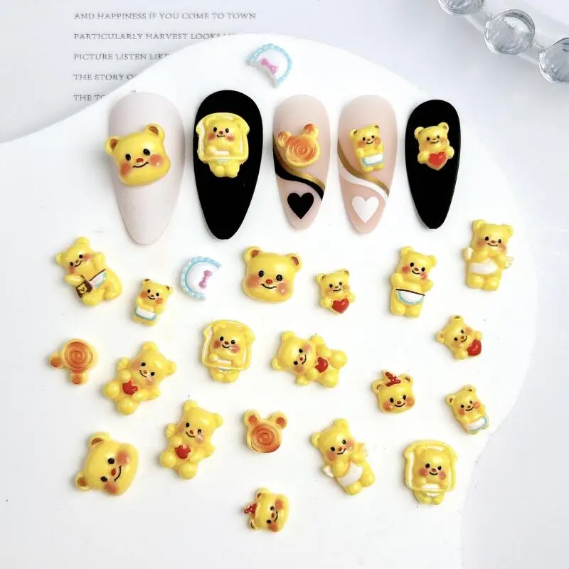 30PCS Resin Cartoon Kawaii Butter Bears Nail Art Charms Powder Blusher Heart Apron Yellow Bear Nail Decorations DIY Nail Hairpin