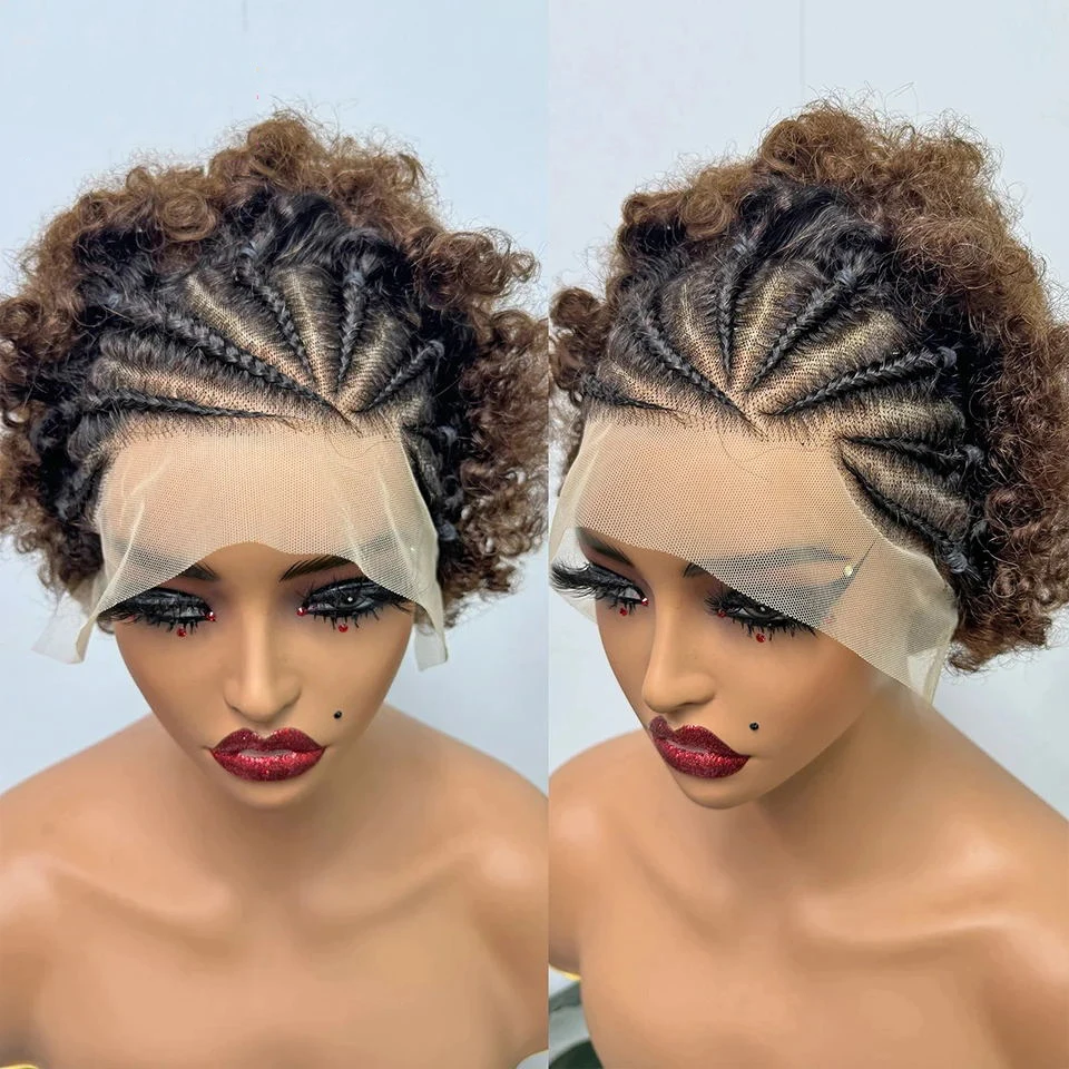 13x4 Lace Frontal Kurze Afro Kinky Curly Bob Geflochtene Haarperücke 8 Zoll Schwarze Echthaarperücke Vorgezupfte Federnde Lockige Perücke für Frauen – Detail 24