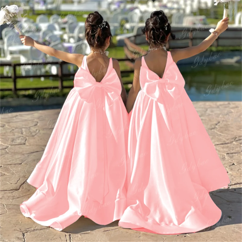 ホワイトサテンフラワーガールドレスリボンストラップ結婚式子供ボール公式イベントフロックカスタマイズされた Vestidos De Noiva