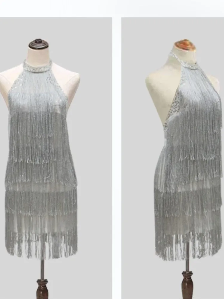 Womens Shiny Silver Fringe Dress Sexy Tassel Sequined Halter Backless Sleeveless Short Cocktail Party Night Mini Dresses Flapper