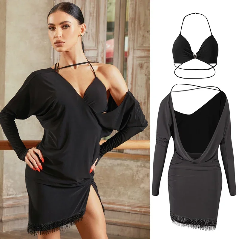 Loose Black Fringe Dress Sexy Latin Dance Dress Women Long Sleeves Slant Shoulder Dress Practice Performance Clothes