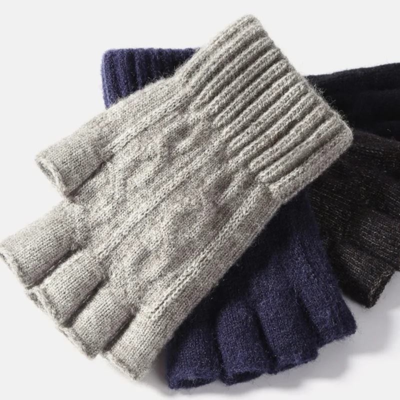 Knitted Gloves for Men Women Winter Warm Thermal Half Finger Glove Mittens Wool Fleece Thick Touchscreen Fingerless Gloves