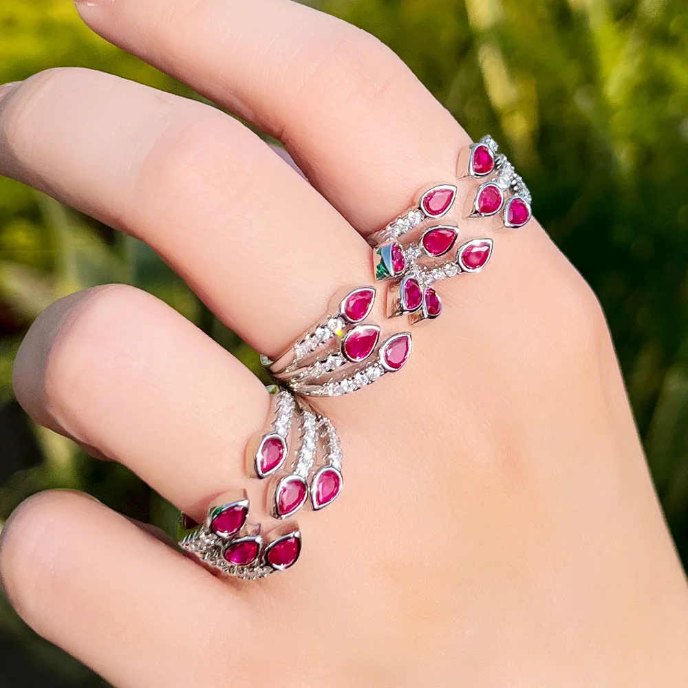 CWWZircons Pretty Multi Layer Pink Red Cubic Zirconia Claws Open Cuff Rings for Women Trendy CZ Ladies Engagement Jewelry R261