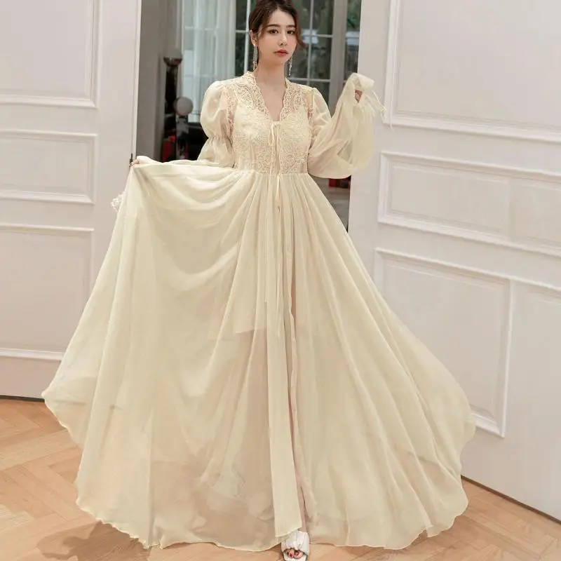 Lace Sexy Nightgown Long Sleeve Summer New Women Home Clothing Intimate Lingerie Casual Sleepwear Sexy Kimono Bathrobe Gown