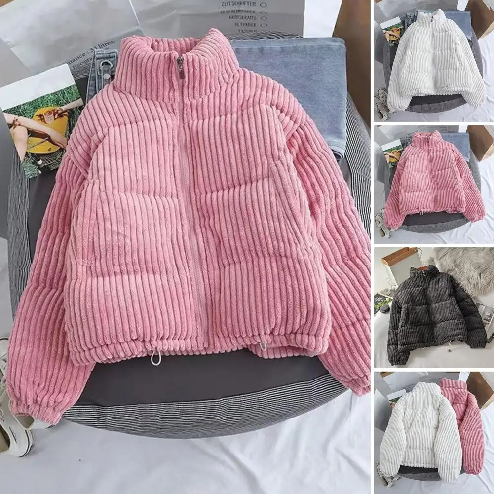 Abrigo de invierno para mujer, abrigo con cuello levantado y textura a rayas, chaqueta holgada gruesa con retención de calor para mujer, chaqueta para exteriores