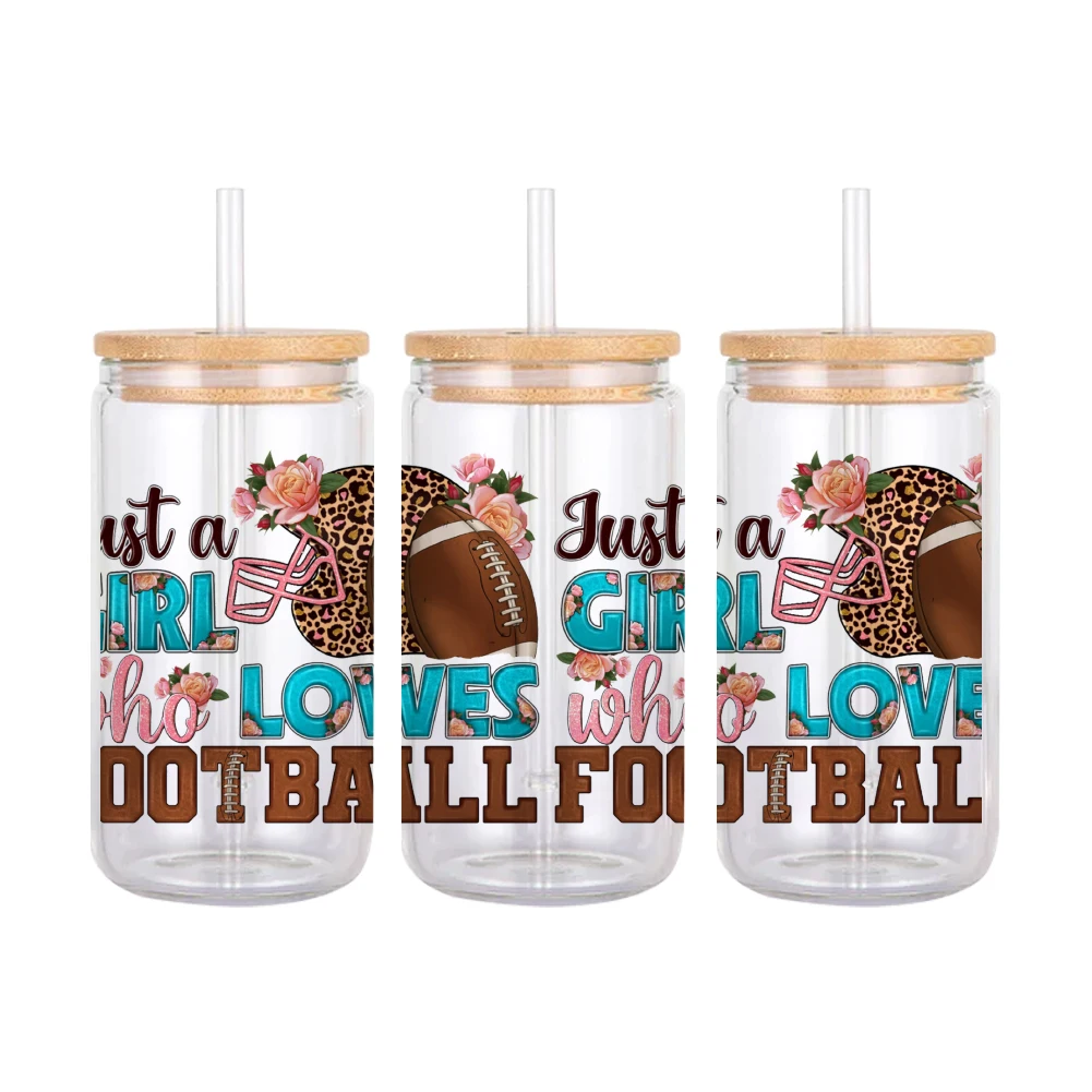 Fußball 16oz UV Dtf Cup Wrap überträgt Aufkleber benutzer definierte Etiketten DIY langlebiges wasserdichtes Logo für Libbey Glasdose