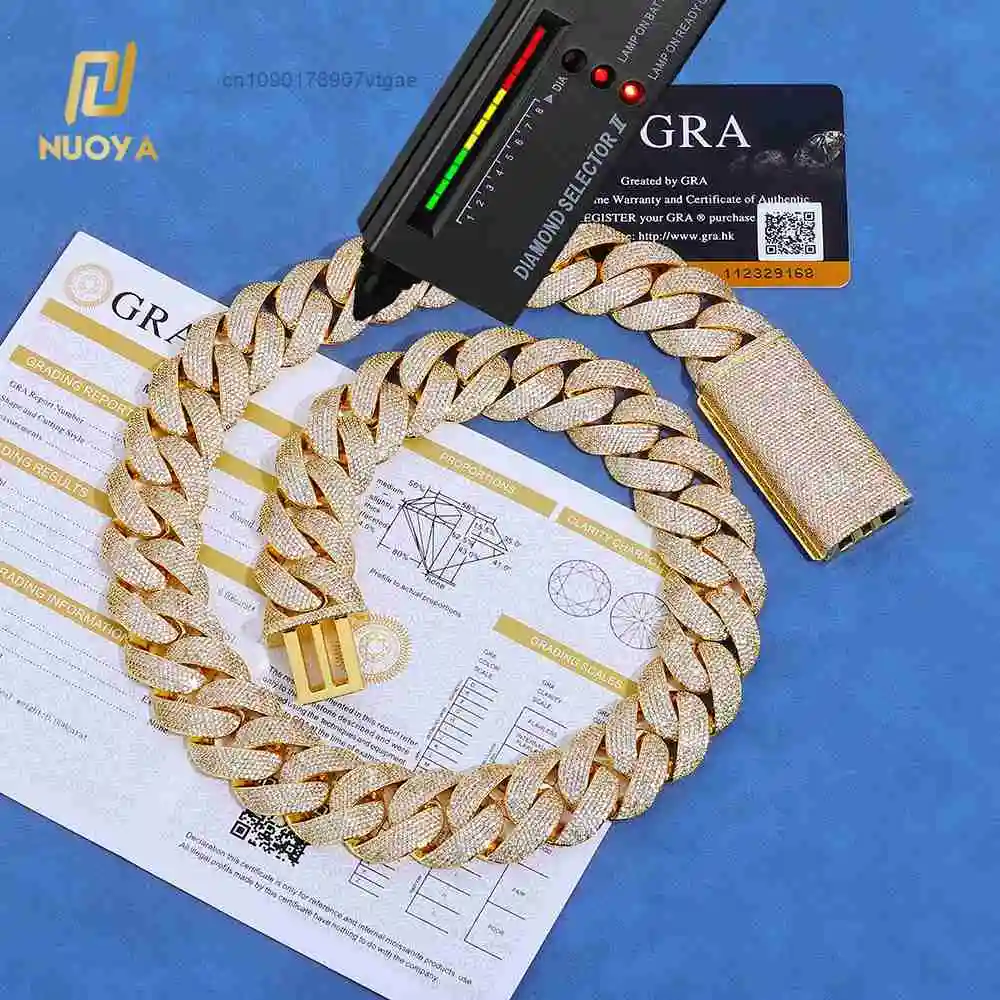 23mm NUOYA Cuban Link Chain Necklace 925 Silver Round Brilliant Cut Moissanite Chunky Chain Pass Diamond Test Gift for Men.