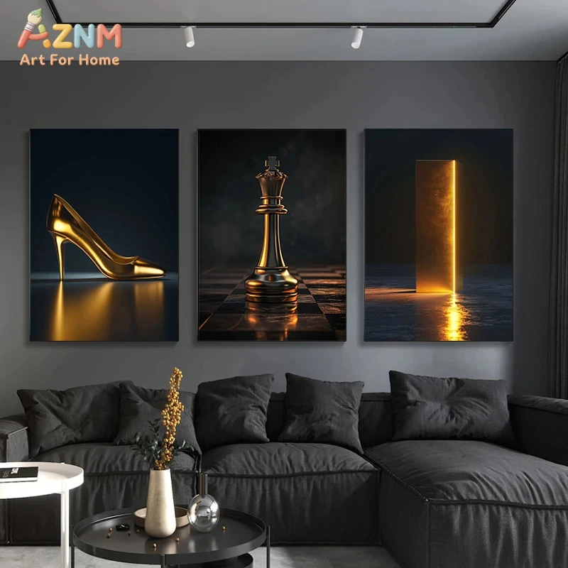 AZNM Luxury Gold Themed Frameless Canvas Wall Art, Modern Chess Crypto Print for Living Room Office Home Decor - view 4