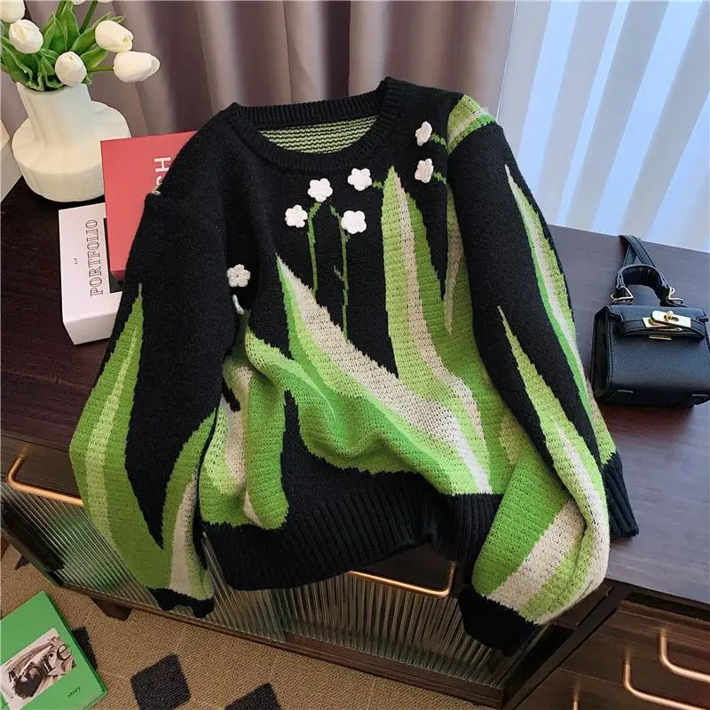 

Женская одежда, осенне-зимний вязаный свитер контрастного цвета с 3D цветами Y2K, винтажный шикарный свободный пуловер с длинными рукавами, топы, джемперы