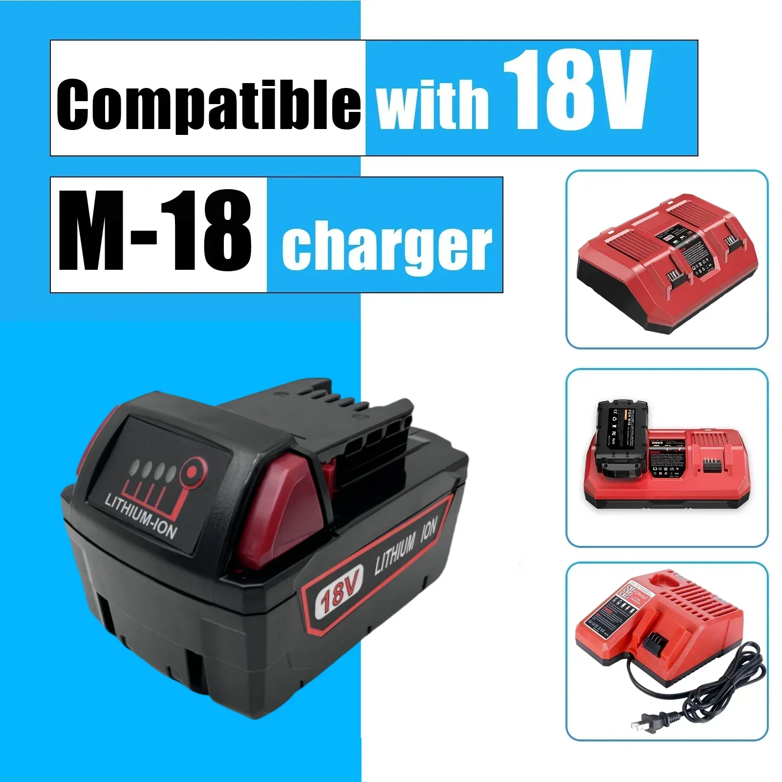 For Milwaukee M18 Power Tool Battery, Charger, BR, XC, 18V, 6000mAh 9800mAH 12800mAH  M18B5, 48-11-1860, Built-in 18650 Battery