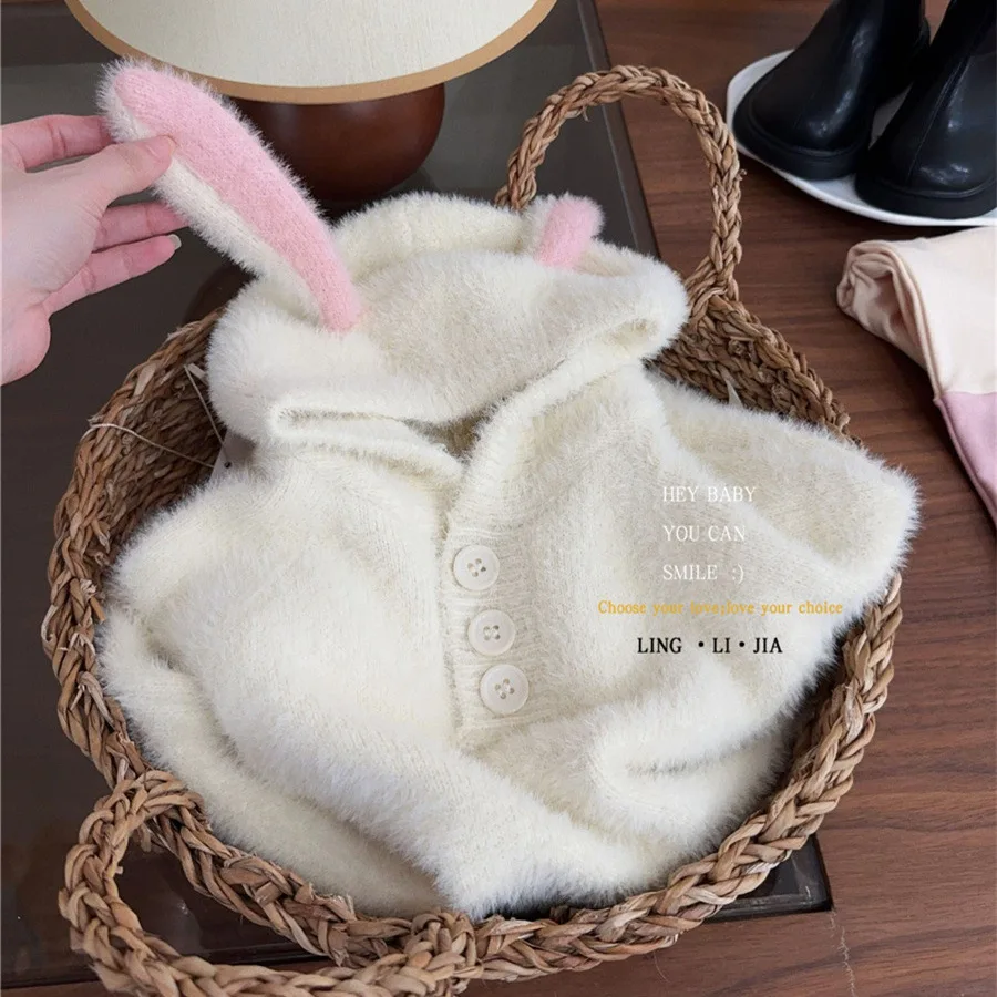 Girls Sweater Autumn Winter 2024 New Hooded Autumn Top Baby Girls Children Korean Sweet Style White Sweater Clothes Top