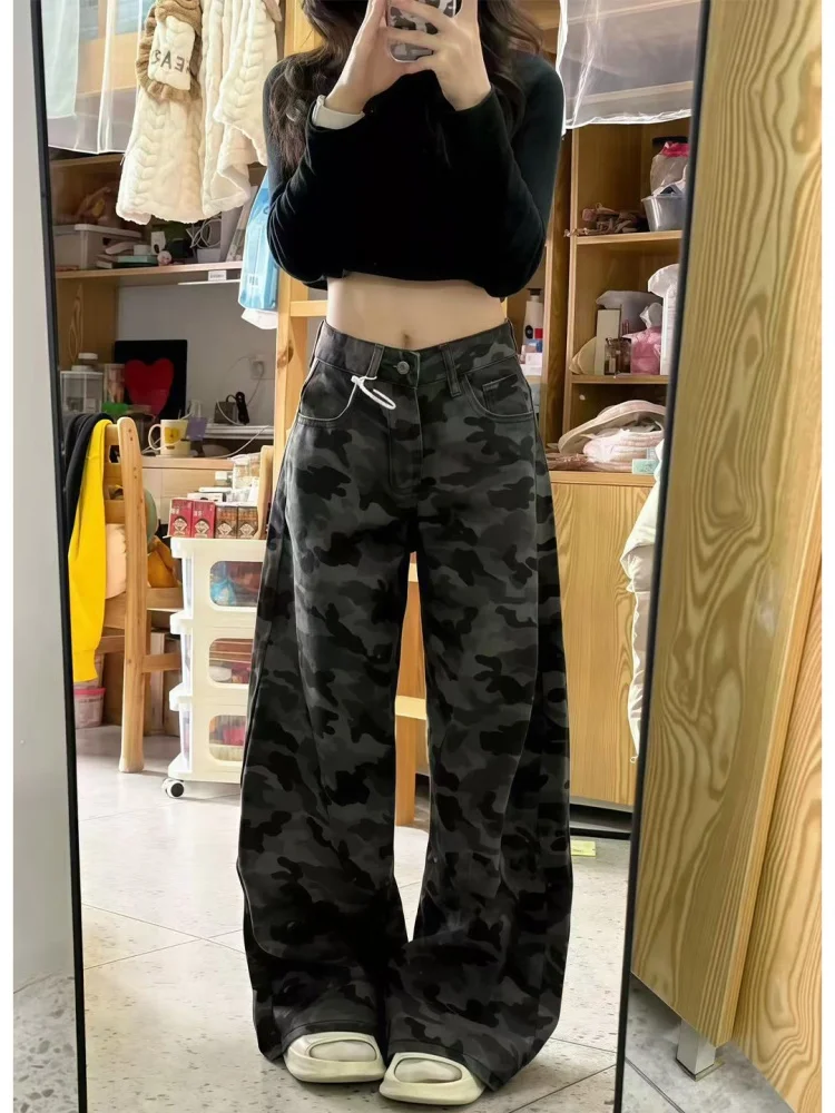 plus Size American Sle Fce Lined Thiened Camouflage Denim Pants Women's Autumn Winter High Waist Loose Straight Workwe...