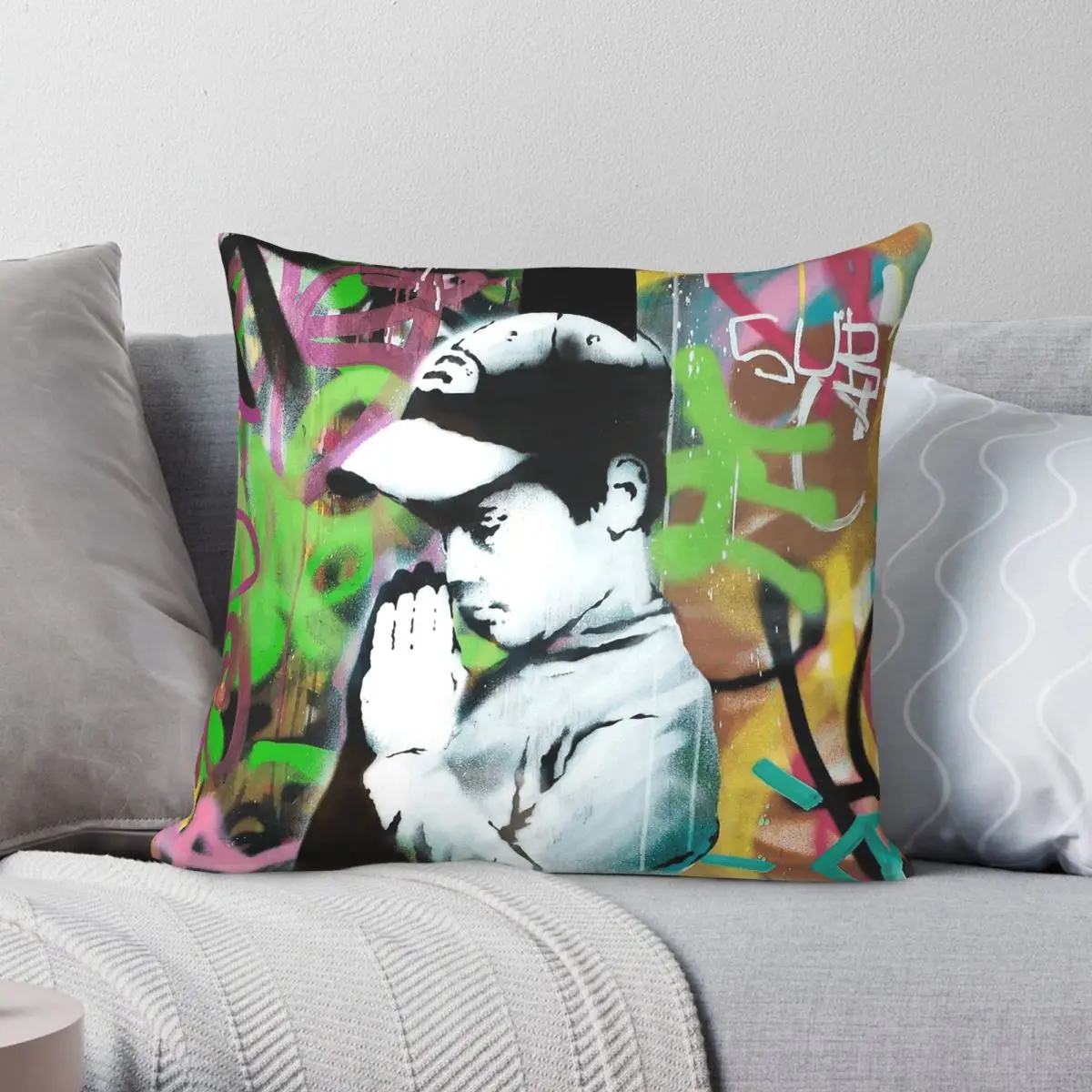 Banksy Forgive Us Our Trespassing Square Pillowcase Polyester Linen Velvet Creative Zip Decor Sofa Seater Cushion Cover