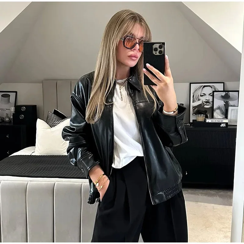 KIDCRKJ Women 2026 Autumn New Arrival Hot Selling Fashion Trendy Versatile Faux Leather Bomber Jacket Coat Outerwear Chic Daily