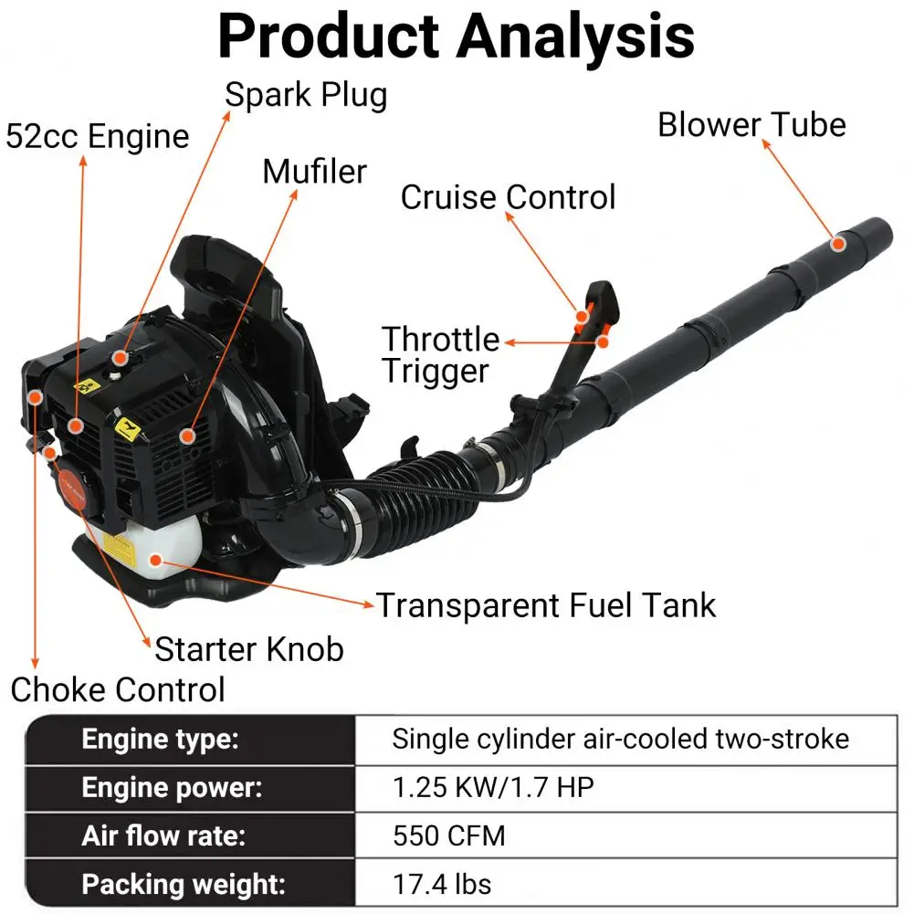 Professional 52CC Gas Powered Backpack Blower, 550CFM 1.7HP 2-Stroke Snow Leaf Blower for Garden Lawn Cleanup