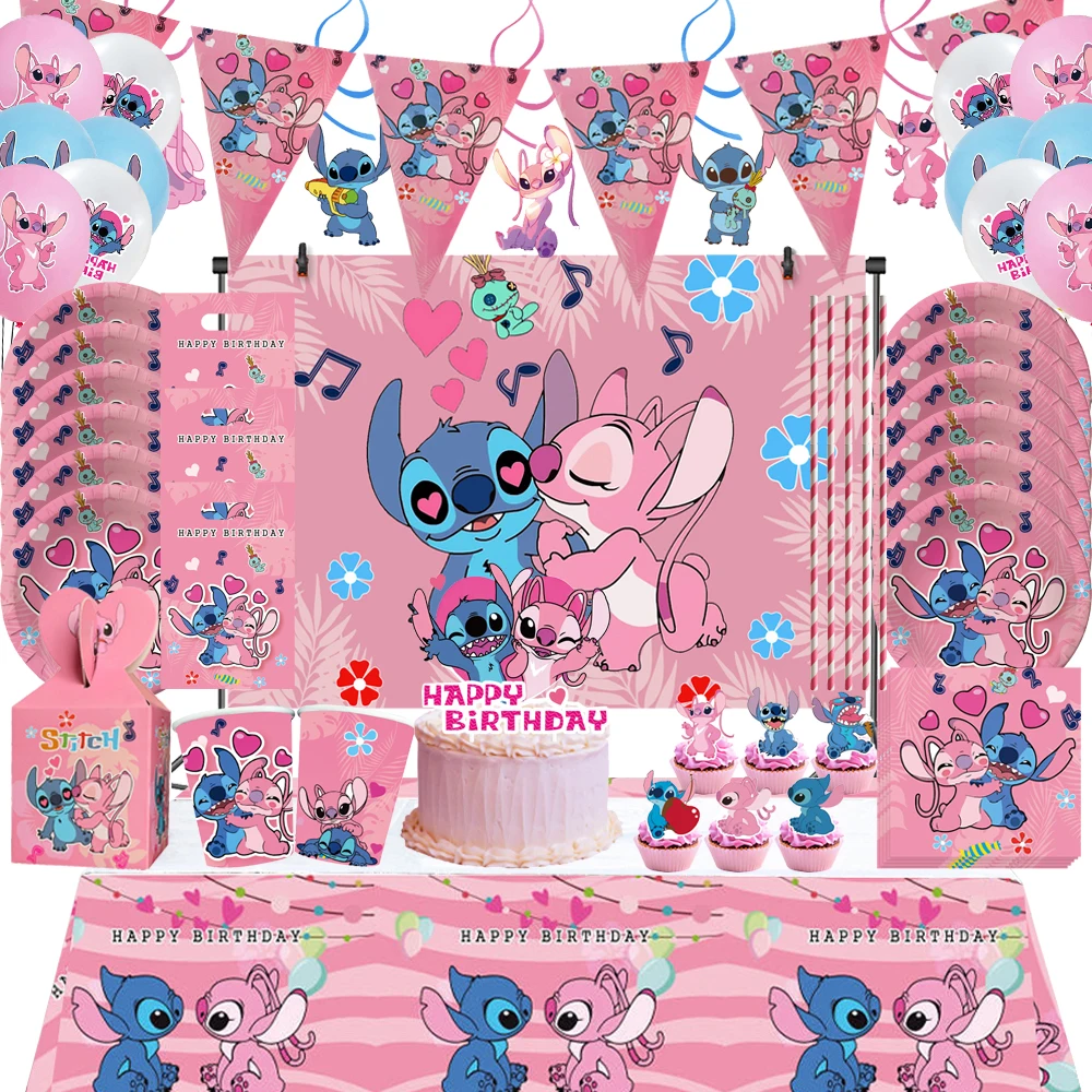 Disney Pink Stitch Girl Birthday Party Decorations Balloons Disposable Tableware Kids Baby Shower Lilo & Stitch Party Supplies