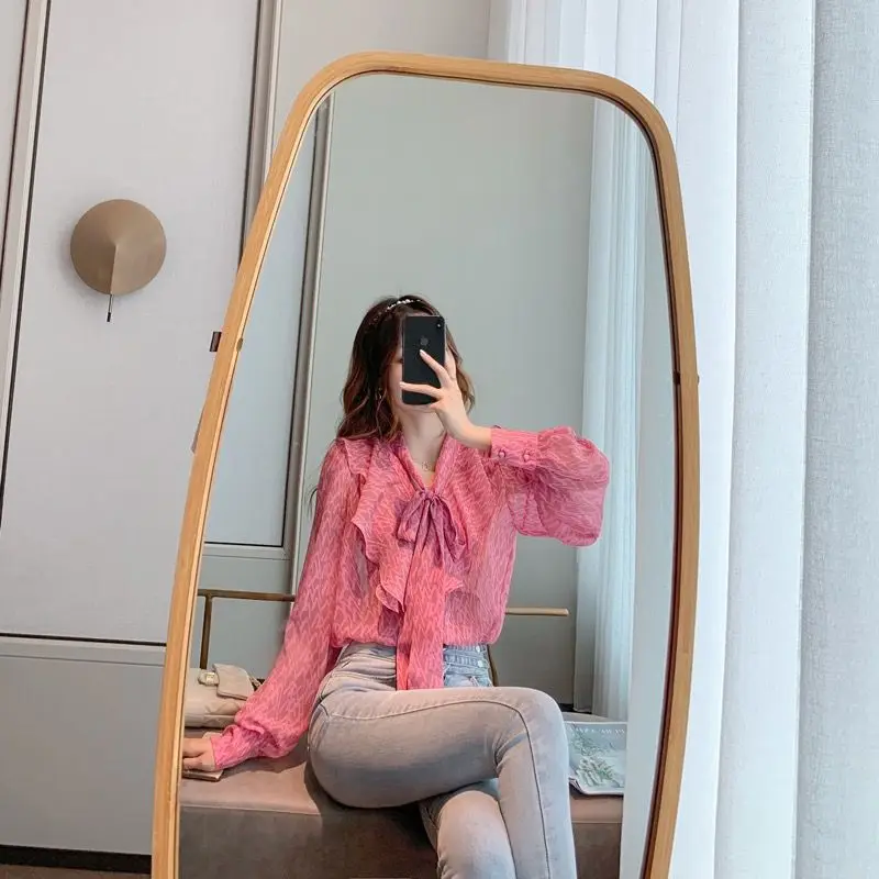 Chemises en mousseline de soie à manches longues pour femmes, col à volants doux, Wstring de proximité, nœud imprimé, pull tout match, printemps,