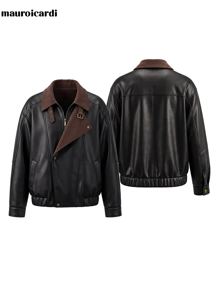 Mauroicardi Spring Autumn Short Corduroy Patchwork Pu Leather Motorcycle Biker Jacket Men Luxury Designer Menswear Clothes 2026 6 Mauroicardi Spring Autumn Short Corduroy Patchwork Pu Leather Motorcycle Biker Jacket Men Luxury Designer Menswear Clothes 2026 6