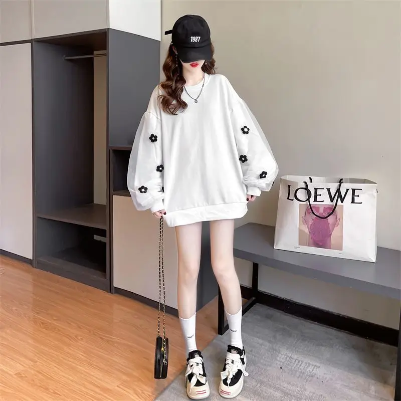 Plus Size Lazy Style White Hoodie Spring Autumn New Patchwork Loose Street Casual Pullovers Top Fashion Korean Women Clothing