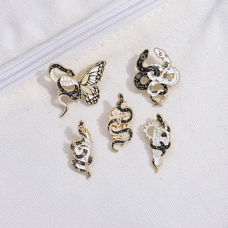 Black White Snake Butterfly Enamel Pin Punk Brooch Wholesale Lapel Animal Punk Backpack Hat Kids Gift Goth Halloween Accessories