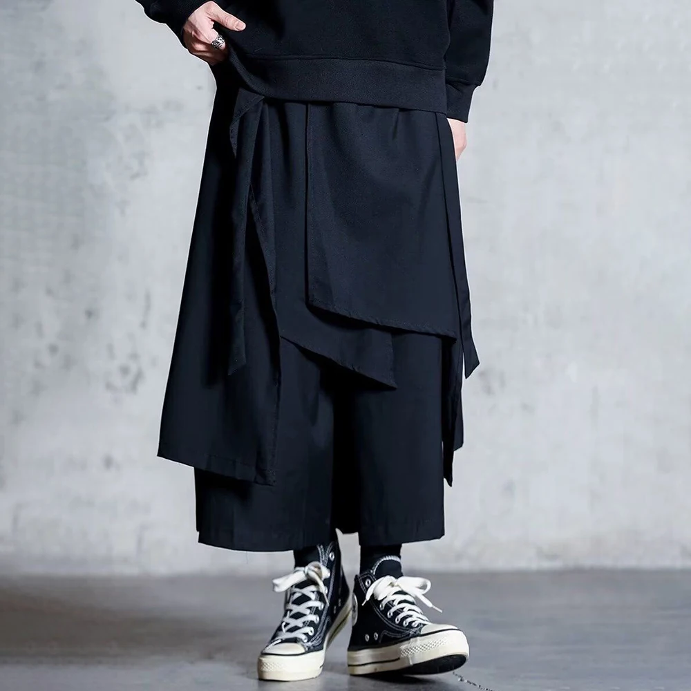 Mens Y2k Culottes Double Layer Samurai Pants Hakama Spring Streetwear Fashion Trend Gothic Casual Pants Men\'S Clothing 2025 New
