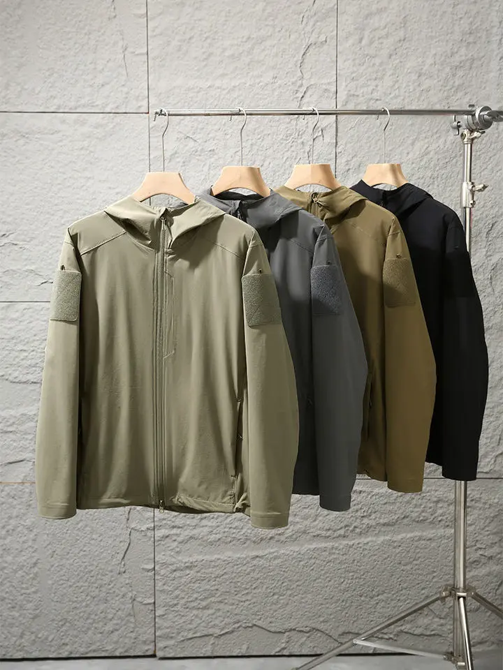 Military Tactical Version Men's High-End Elastic Magic Tape UV Protection Jacket Casual Style Long Sleeve Zipper Hooded