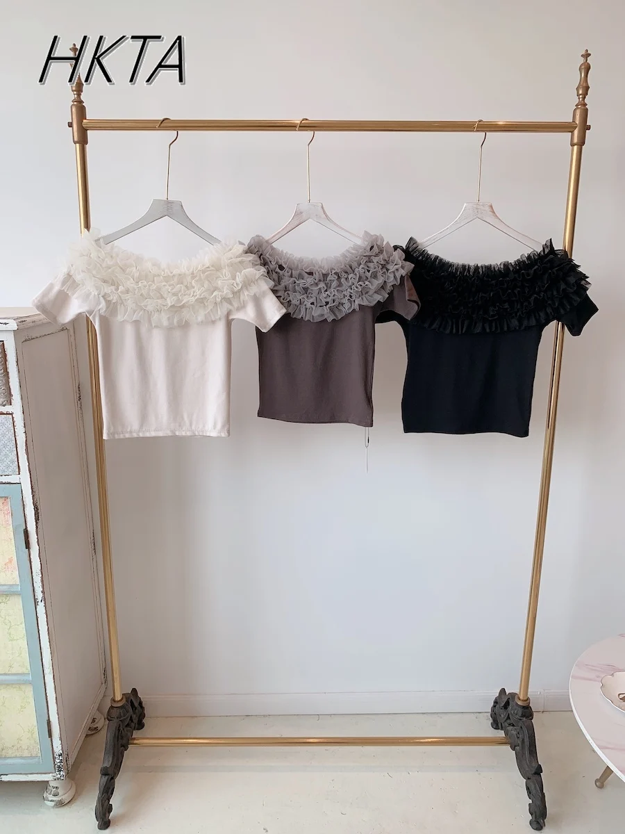 

Japanese Sweet Girls Lace Lotus Leaf Lace Shoulder Cotton Knitted T-shirt Female Ealstc Slim Short Top Black and White T Shirt