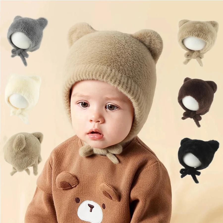 Cute Cartoon Baby Knitted Hat Winter Warm Infant Fluffy Ear Protection Solid Color Cat Ears Kids Boy Gilrs Cap 0-3 Years Old