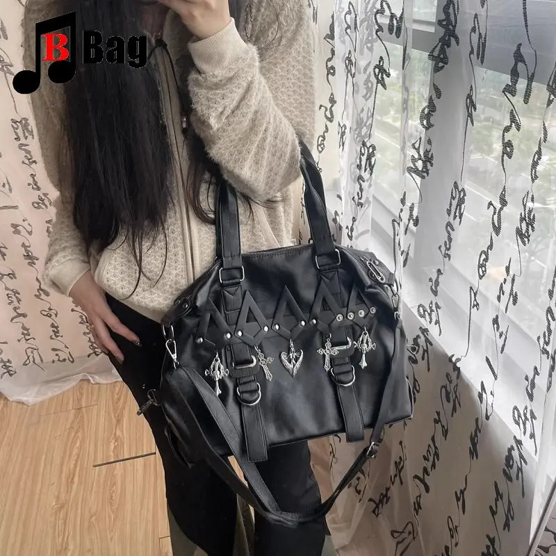 Y2K Gothic Women\'s Girls Punk Handbags Harajuku Single Shoulder Crossbody Student Class Large Capacity Rivet Commuting Bag Totes